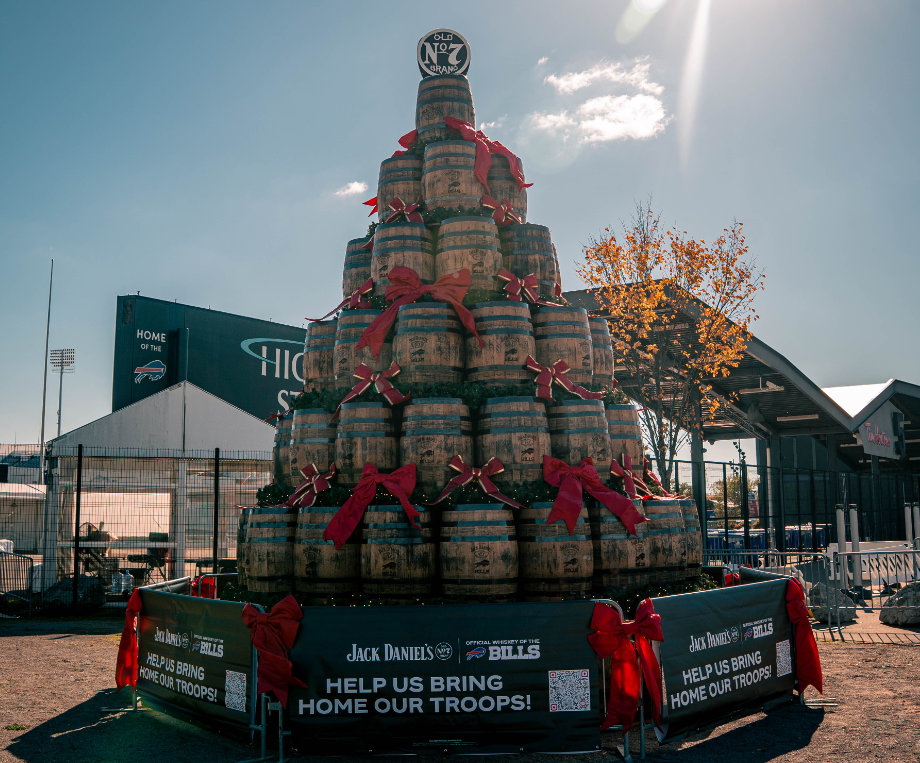 Jack Daniels Whiskey Barrel tree at Highmark Stadium in Buffalo